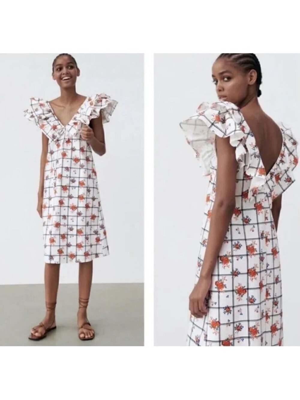Zara White Windowpane Floral Ruffled V‑Neck White Floral Sundress Medium